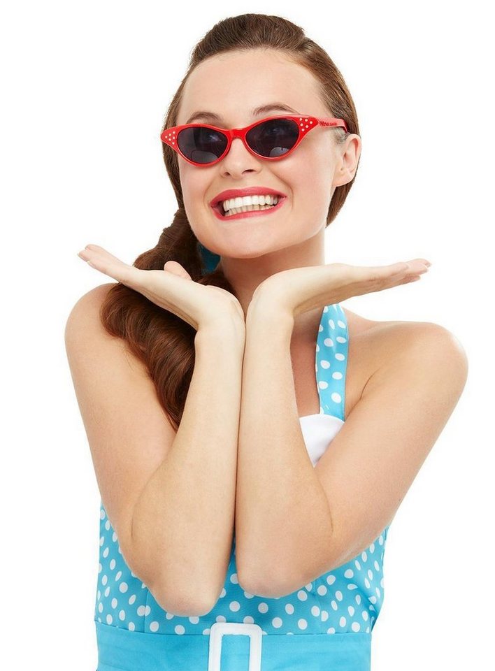 Smiffys Kostüm Rockabilly Cateye Brille rot, 50er Jahre Sonnenbrille mit Strasssteinchen von Smiffys