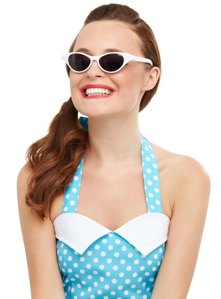 Smiffys Kostüm Rockabilly Cateye Brille weiß, 50er Jahre Sonnenbrille mit Strasssteinchen von Smiffys