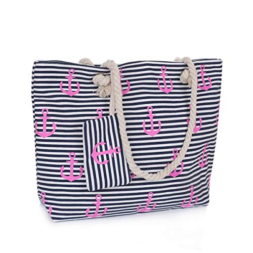 Sonia Originelli XL Shopper Bella Tasche Maritim Streifen Mini Anker Allover Farbe Marine-Pink von Sonia Originelli