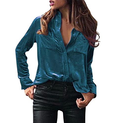 Damen Samt Hemd Langarmshirt Revers Hemden Hautfreundlich Komfortabel Bluse Mit Brusttasche und Knopfleiste Langarmshirt Frauen Casual Tunika Hemdbluse Oberteil Frühling Herbst von Sonnena