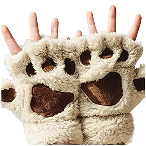 Sonnena 1 Paare Katzenpfote Handschuhe Niedliche Cartoon Winter Handschuhe Warme Halbfinger Fausthandschuh Outdoor Fingerless Gloves Kunstpelz Plüsch Katzen Handschuhe für Frauen von Sonnena