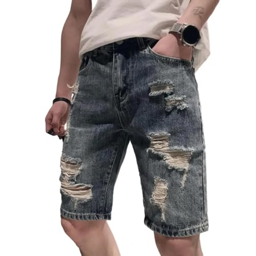 Sopodbacker Jeans Herren Hose Jeanshose Neueaufgerissene Löcher Jeansshorts Reißverschlussknopf Gerade Länge Männer Kurze Jeans Streetwear XL Blau von Sopodbacker