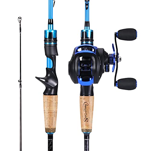 Sougayilang Angelrute und Rolle Combo, mittelschwere Angelrute mit Baitcasting Rolle Combo, 2-teilige Baitcaster Combo-blau, 1,8 m und rechter Griff Rolle von Sougayilang