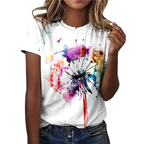 Damen Oberteile Sommer Tshirt Kurzarm Bluse mit Rundhalsausschnitt Bunte Blumen Drucken T-Shirt Tee Tops Pullover Teenager Mädchen Pulli Tunika Shirt Freizeit T Shirts Longbluse für Frauen von Soupliebe