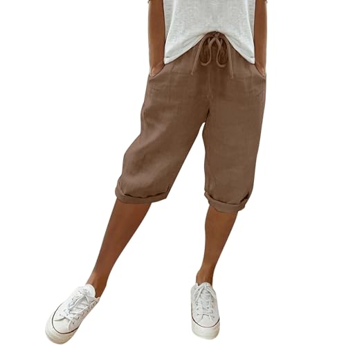 Kurze Hosen Damen Sommerhose Leicht Leinenhose - Sommer Luftig Hohe Taille Caprihose Einfarbig Strandhose Stoffhose Pants 0 von Soupliebe