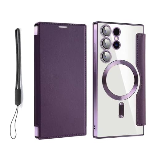 2024 Neue strukturierte Leder-Flip-Handyhülle für Samsung S23 S24 Ultra Plus mit Kameraobjektivschutz, Stoßfeste Handyhülle für S23 S24 Ultra Plus mit Kartenhalter (for S23Ultra,Purple) von Sovtay