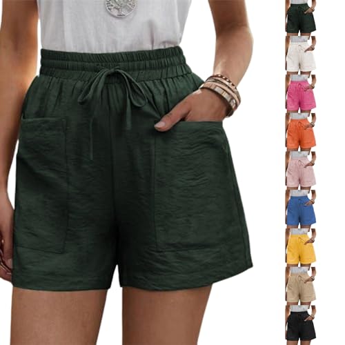 Solide lockere lässige Kurze Hose mit Zwei Taschen, Damen-Shorts aus Baumwollleinen mit Kordelzug Elastischem Bund und Taschen (2XL,Army Green) von Sovtay