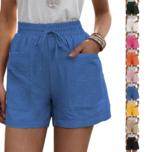 Solide lockere lässige Kurze Hose mit Zwei Taschen, Damen-Shorts aus Baumwollleinen mit Kordelzug Elastischem Bund und Taschen (3XL,Blue) von Sovtay