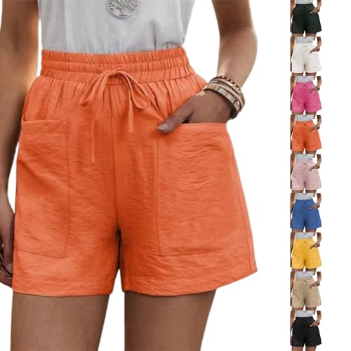 Solide lockere lässige Kurze Hose mit Zwei Taschen, Damen-Shorts aus Baumwollleinen mit Kordelzug Elastischem Bund und Taschen (4XL,Orange) von Sovtay