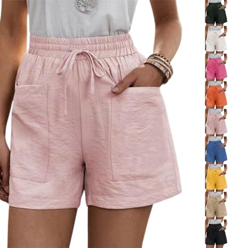 Solide lockere lässige Kurze Hose mit Zwei Taschen, Damen-Shorts aus Baumwollleinen mit Kordelzug Elastischem Bund und Taschen (4XL,Pink) von Sovtay