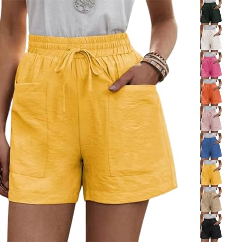 Solide lockere lässige Kurze Hose mit Zwei Taschen, Damen-Shorts aus Baumwollleinen mit Kordelzug Elastischem Bund und Taschen (4XL,Yellow) von Sovtay