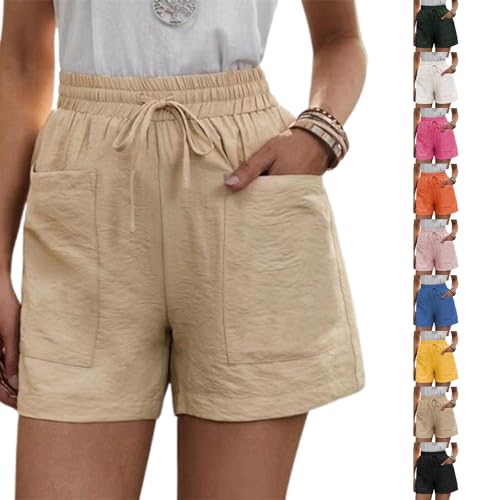 Solide lockere lässige Kurze Hose mit Zwei Taschen, Damen-Shorts aus Baumwollleinen mit Kordelzug Elastischem Bund und Taschen (XL,Apricot) von Sovtay