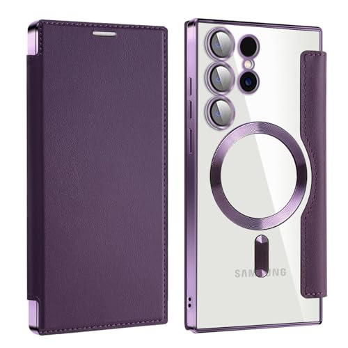 Soyeacrg Brieftaschen-Hülle für Samsung Galaxy S23 Ultra/S23 Plus/S23, [kompatibel mit MagSafe], vergilbungsfreie Lederhülle, kristallklare Hülle mit Kartenhalter, Kameraschutz,Purple,S23 Ultra von Soyeacrg