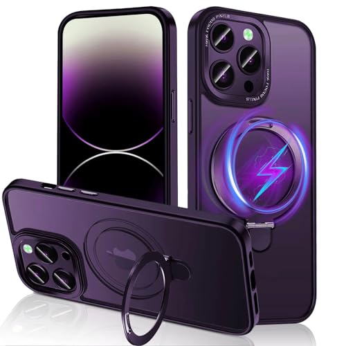 Soyeacrg Entwickelt für das iPhone 15 Pro Max/15 Pro/15 Plus/15 Hülle mit 360° drehbarem Magnetring, unsichtbarem Ständer, kompatibel mit Magsafe Durchscheinendes, Mattes Gehäuse,Purple,15 Plus von Soyeacrg