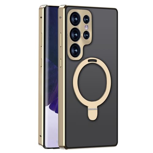 Soyeacrg Hülle für Samsung Galaxy S22 Ultra, [Kompatibel mit MagSafe] Unsichtbarer Ring-Kickstand Magnetische Adsorption Metallrahmen Hülle aus gehärtetem Glas mit Kameraschutz,Gold von Soyeacrg