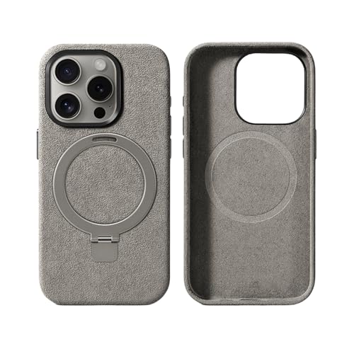 Soyeacrg Hülle für iPhone 15 Pro Max/15 Pro, [kompatibel mit MagSafe] Magnetischer Ringhalter, echtes italienisches Alcantara-Wildleder, handgefertigt, verbesserter Kameraschutz,Titanium,15 Pro von Soyeacrg