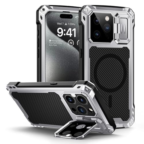 Soyeacrg Metallgehäuse für iPhone 15 Pro Max/15 Pro, [kompatibel mit MagSafe] Integrierter Kameraständer, robuster Ganzkörper-Fallschutz in Militärqualität, robuste Hartschale,Silver,15 Pro von Soyeacrg