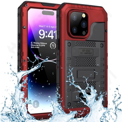 Soyeacrg Metallgehäuse für iPhone 15 Pro Max/15 Pro/15 Plus/15, IP68 vollständig versiegeltes, unter Wasser schützendes, stoßfestes, Robustes Gehäuse mit integriertem Displayschutz,Red,15 von Soyeacrg