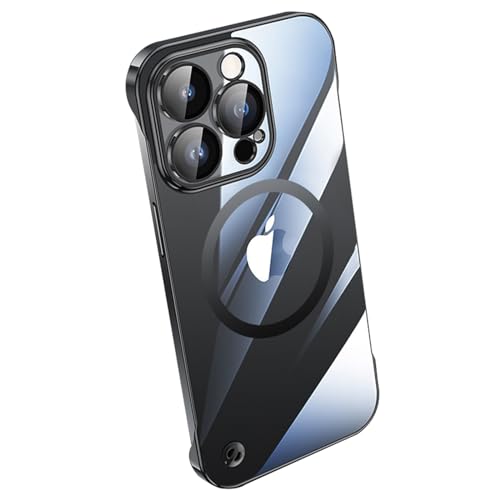 Soyeacrg Rahmenlose Hülle für iPhone 15/15 Plus/15 Pro/15 Pro Max, kompatibel mit Magsafe, ultradünn, transparent, galvanisierte PC-Rückseite, Stoßdämpfung, TPU-Rand,Black,15 Pro von Soyeacrg