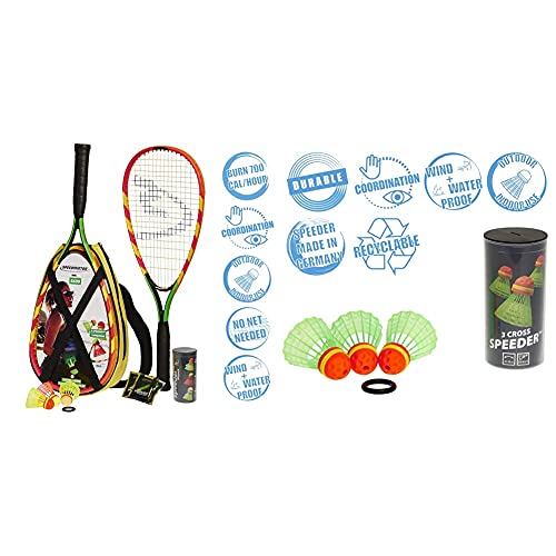 Speedminton S600 Set, Gr&uumln/Gelb/rosa, One Size & Cross Speeder – 3er Pack Speed Badminton/Crossminton Outdoor Ball inkl. Windring von Speedminton