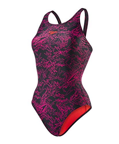 Speedo Boom Allover Muscleback Badeanzug für Damen, 34, Schwarz/Elektrisch Rosa/Rot von Speedo