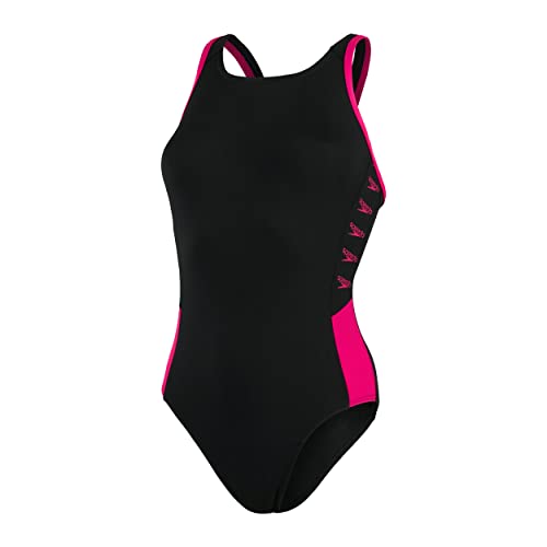 Speedo Damen Boom Logo Splice Muscleback Badeanzug, Schwarz/Electric Rosa, 28 von Speedo