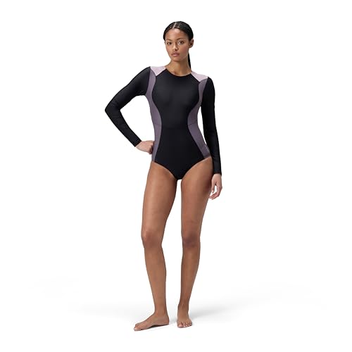 Speedo Damen Colourblock 2.0 Langärmeliger Badeanzug | Trainingsschwimmbekleidung | Weiche Haptik | Schwimmen Fitness Schwimmbekleidung, Schwarz, L von Speedo