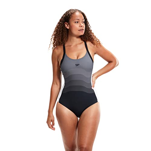 Speedo Damen Shaping Printed Entwine 1 Piece Badeanzug, Schwarz/ Weiß/ USA Charcoal, 32 von Speedo