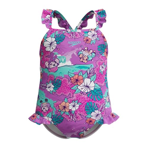 Speedo Mädchen Schwimmen Lernen Badeanzug mit dünnen Trägern, Rüschen und Print | Chlorbeständig | Schnelltrocknend Schwimmbekleidung, Neon Violet, 4YRS von Speedo