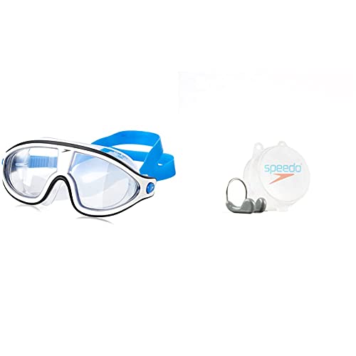 Speedo Unisex-Erwachsene Biofuse Rift Mask Schwimmbrille, Bondi-Blau/Weiß/Transparent, Einheitsgröße & Unisex Wettkampf-nasenclip Nasenclip, Grau/metall,Einheitsgröße EU von Speedo