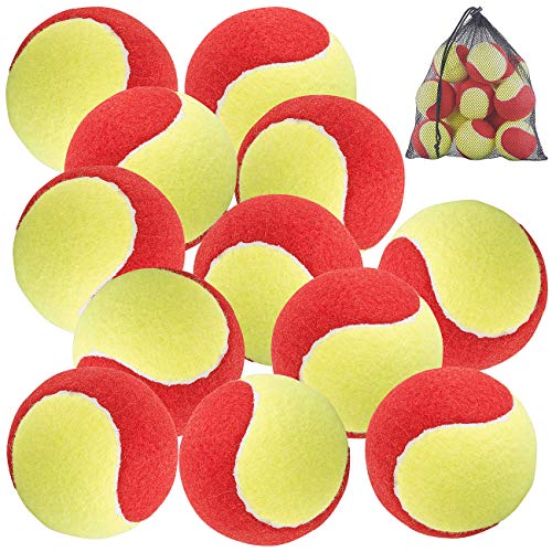 Speeron Tennis-Ball: 12er-Set Tennisbälle, 77 mm für Jugend & Beginner, gelb-rot, Tragenetz (Tennis-Spielball, Kinder Spielzeug, Schleuder) von Speeron