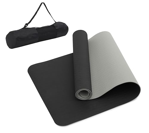SportVida Yoga Matte Rutschfest TPE Matte, für zu Hause oder draußen Training mit Bezug, Sportmatte, Fitnessmatte, 6 mm, 5 Farben (Schwarz-grau) von SportVida