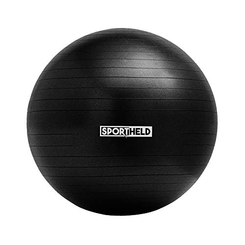 Sportheld® Profi Gymnastikball inkl. Fußpumpe zum Aufblasen | 75cm Durchmesser | Schwarz | robuster Sitzball & Fitnessball von Sportheld