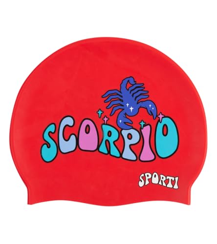 Sporti Groovy Sternzeichen Skorpion Silikon-Badekappe für Erwachsene, eng anliegende Passform, Badekappe für Damen und Herren, rutschfest, Skorpion von Sporti
