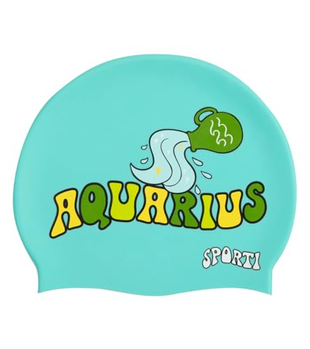 Sporti Groovy Zodiac Aquarius Silikon-Badekappe, leichte Leistung, schützt das Haar vor Chlor, innovatives Design – Wassermann von Sporti