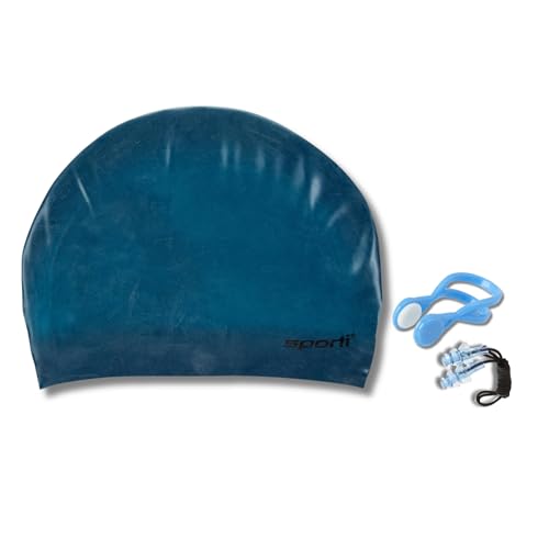 Sporti Set Silikon-Badekappe für lange Haare, Ohrstöpsel mit Schnur und Nasenklammer II, Dunkelmarineblau von Sporti