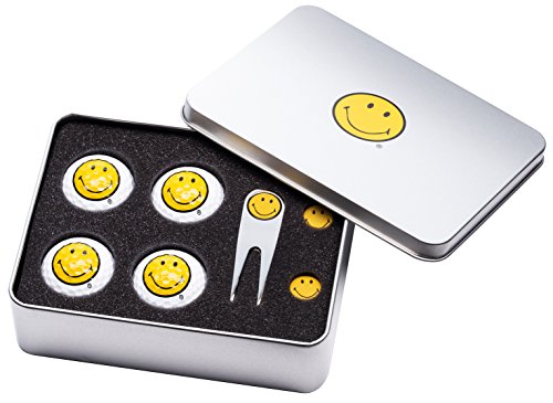 SMILEY - Golfgeschenk in schöner Aluminium-Geschenkbox | Edles Geschenk-Set mit Smiley-Golfbällen und Motivballmarker von Sportiques