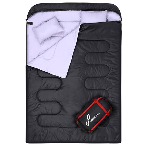 Schlafsack Outdoor: Sportneer Schlafsäcke 2 Personen Doppelschlafsack 220x150cm, 3.5kg mit 2 Kissen, Vier Doppel Zippern, Erwachsene Deckenschlafsack für Familie, Schwarz von Sportneer
