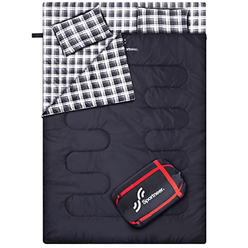 Schlafsack Winter Winterschlafsack Outdoor: Sportneer Schlafsäcke 2 Personen Doppelschlafsack 220x150cm, 2.75kg mit 2 Kissen, Vier Doppel Zippern, Erwachsene Deckenschlafsack für Familie, Schwarz von Sportneer