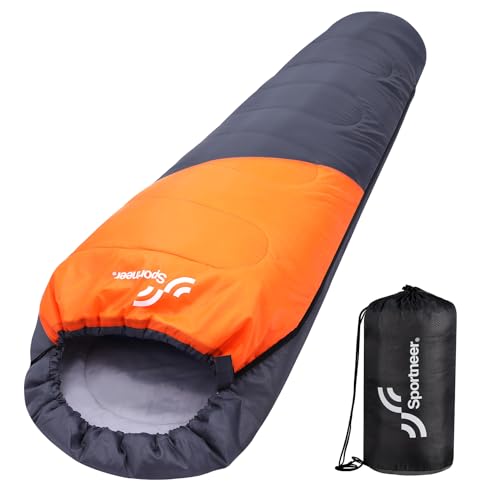 Sommer Schlafsack Outdoor Mumienschlafsack: Sportneer Leichtes Wasserabweisend Schlafsack für Reise Festival Camping Indoor Kleines Packmaß & Ultraleicht, Orange+grau von Sportneer