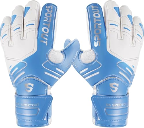 Sportout Torwarthandschuhe, Fußballhandschuhe mit Fingersave, Torwarthandschuhe Kinder,Herren mit rutschfeste 4mm Latex, Torwart Handschuhe für Kinder, Erwachsene und Jugendliche (Blue, 8) von Sportout