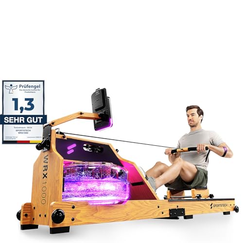 Sportstech Premium Wasser-Rudergerät mit LED-Wassertank, klappbar | Deutsches Qualitätsunternehmen I App mit Workout Kursen+ Tablethalterung | Natur-Massivholz Rudermaschine Rower für zuhause WRX1000 von Sportstech