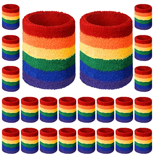 24 Stück 12 Paar Regenbogen-gestreifte Schweißbänder für Handgelenke, frische minimalistische athletische Baumwolle, Frottee-Armbänder für Geburtstagsparty, Sport (Regenbogen-Stil) von Sratte