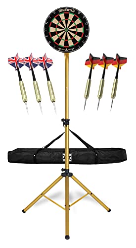 Stagecaptain DBS-1715 Bullseye Pro Dartscheibe Komplett Set - Profi Steeldartscheibe aus Sisal - höhenverstellbarer Dartständer in Gold mit Tasche - 6 Dartpfeile und 4 Sets Flights von Stagecaptain