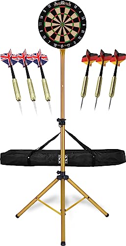 Stagecaptain DBS-1715C Bullseye Champion Dartscheibe Komplett Set - Profi Steeldartscheibe aus Sisal - höhenverstellbarer Dartständer in Gold mit Tasche - 6 Dartpfeile und 4 Sets Flights von Stagecaptain
