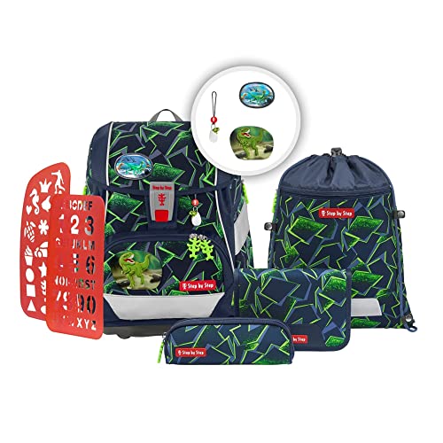 Step by Step Schulranzen-Set 2IN1 Plus „Wild T-Rex Taro“ 6-teilig, ergonomischer Tornister, höhenverstellbar mit Hüftgurt, für die Grundschule, ab der 1. Klasse, 19L, grün-schwarz, Dino von Step by Step