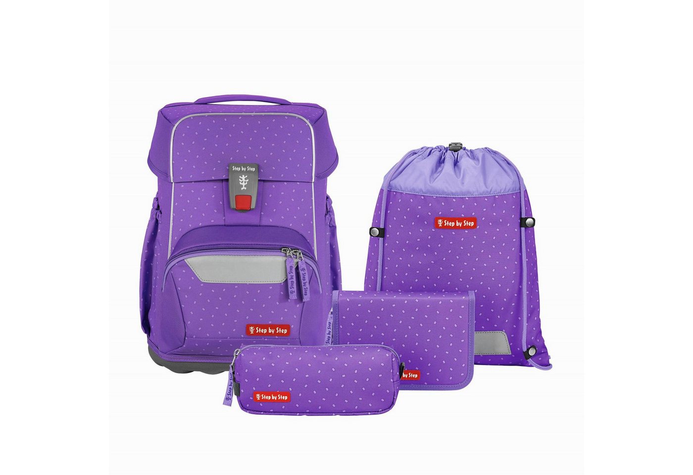 Step by Step Schulrucksack Step by Step BASIS Schulranzen-Set „Purple Konfetti“, 4-teilig von Step by Step