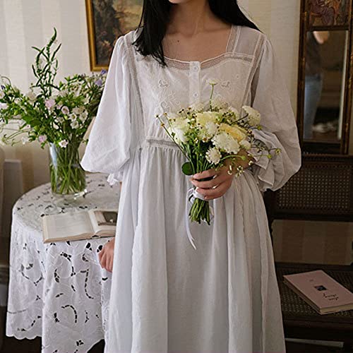 Dame Nachthemd Baumwolle Lange Nachtwäsche Vintage Viktorianischen Nachthemd Langarm Nachtwäsche Weiche Damen Lässige Weiße Pyjamas Sets,Sky Blue,L von Stool
