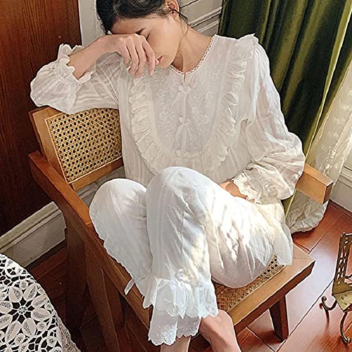 Süße Frauen Spitze Baumwolle Nachtwäsche Prinzessin Dame Sommer Nachthemd Vintage Viktorianischen Nachthemd Langarm Nachtwäsche Casual Pyjamas Sets,Weiß,XL von Stool