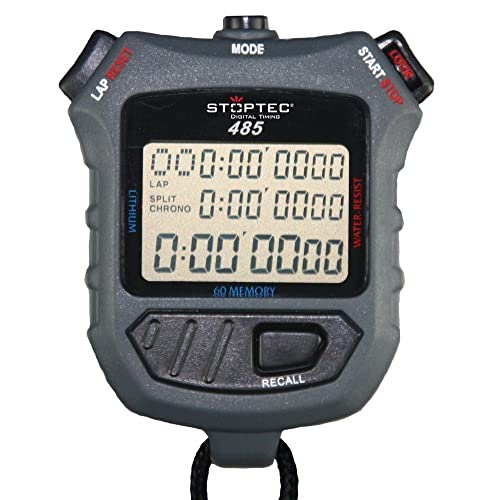 Stoptec Stoppuhr 485 (60 Memory | Uhrzeit | Timer) - Digital Profi Stoppuhr mit Druckpunktmechanik | einfacher Batteriewechsel | spritzwasserfest von Stoptec